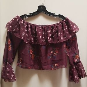 Polly & Easter | Floral Sheer off the shoulder Bell Sleeve cropped top